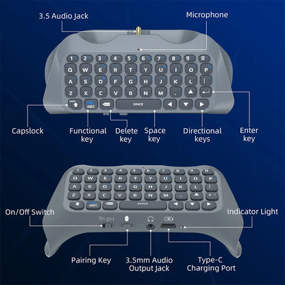 For PS5 Wireless Controller Keyboard BT 3.0 Mini Portable Gamepad Chatpad with Built-In Speaker & 3.5MM Audio Jack for Sony PS5